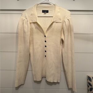 Karl Lagerfeld Cream Ribbed Sweater with Shoulder Pads, Women’s L